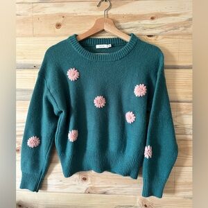 Lush Teal Sweater with Pink Floral Accents